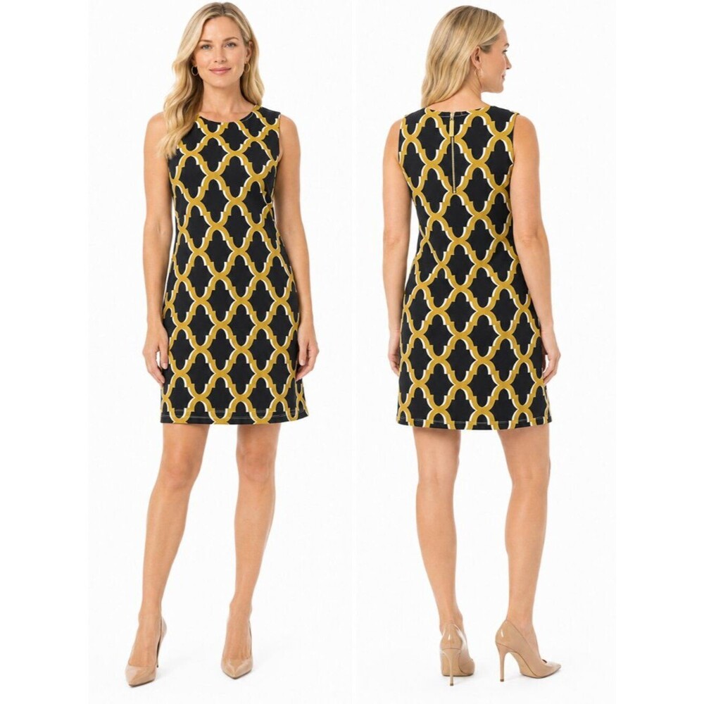 J.McLaughlin Geometric Lattice Shift Dress Women Black Mustard Stretch Size L